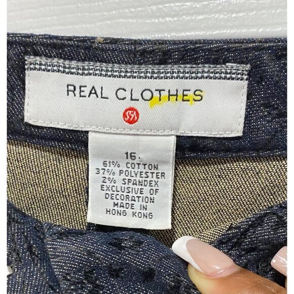 Real Clothes Women's 16 Dark Blue Denim Textured Velvet Jacquard Print Pants - Picture 3 of 3